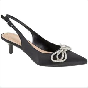 BCBG Donna-2 Black Satin Kitten Heel Pumps Crystal Bow Size 9 EUC